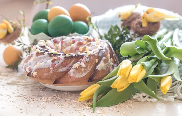 Картинка цветы, яйца, Пасха, тюльпаны, кулич, крашенки