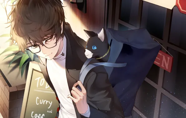 Кот, аниме, парень, persona, persona 5, kurusu akira