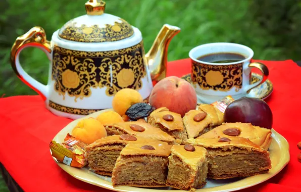 Картинка чай, сладости, орехи, медовый, пахлава