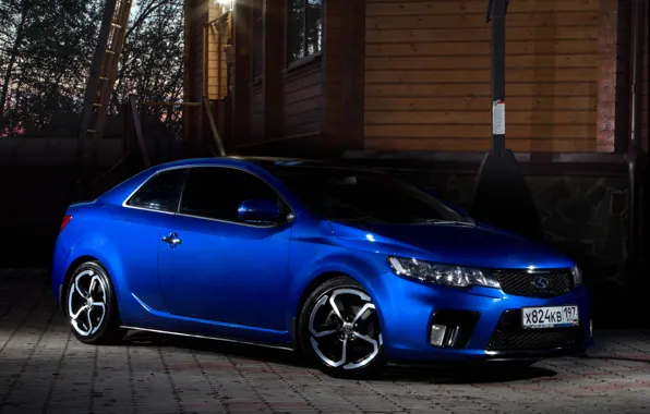 Улица, вечер, auto, blue, Kia, Forte, Koup