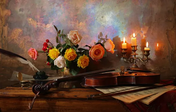 Картинка цветы, ноты, перо, скрипка, розы, свечи, ваза, столик