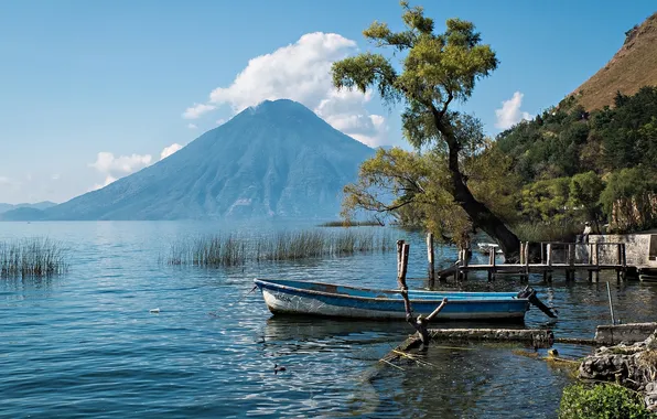 Картинка дерево, лодка, Гватемала, Guatemala, озеро Атитлан, вулкан Атитлан, Lake Atitlan