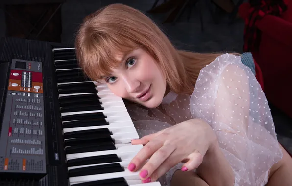 Long hair, model, brunette, gorgeous, photoshoot, posing, beautiful face, keyboard