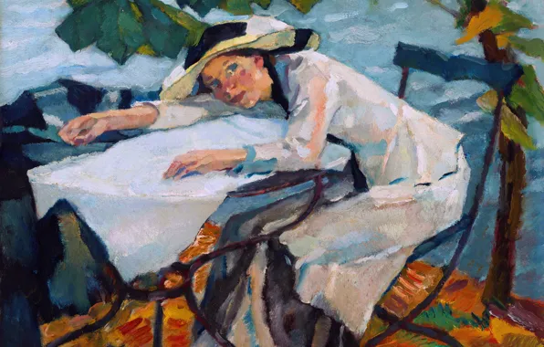 Картинка Девушка, Стол, Картина, Шляпка, Лео Путц, Leo Putz, В саду, Тирольский художник