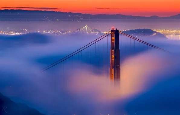 Мост, туман, вечер, Калифорния, Сан-Франциско, золотые ворота