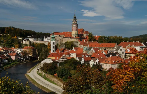 Река, башня, дома, Чехия, панорама, Чески-Крумлов