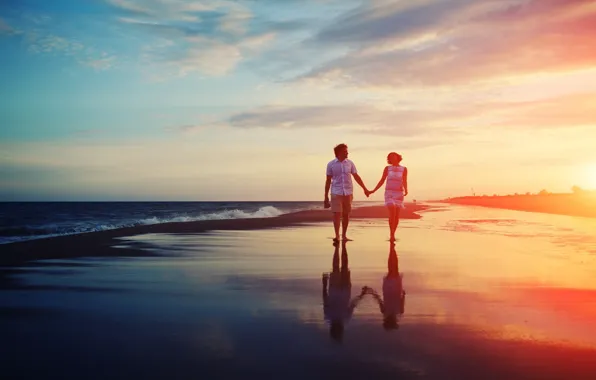 Waves, girl, love, beach, sky, sea, landscape, nature