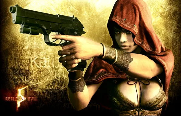 Девушка, пистолет, капюшон, sheva alomar, resident evil 5