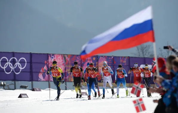 Картинка снег, флаг, Норвегия, лыжники, Россия, флажки, Сочи 2014, XXII Зимние Олимпийские Игры