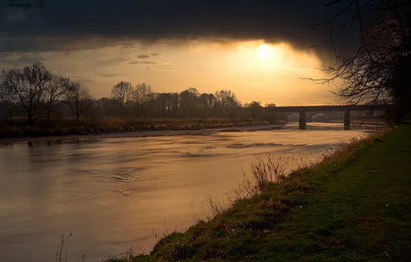 River, sky, bridge, sunset, water, clouds, dreamy, ambient