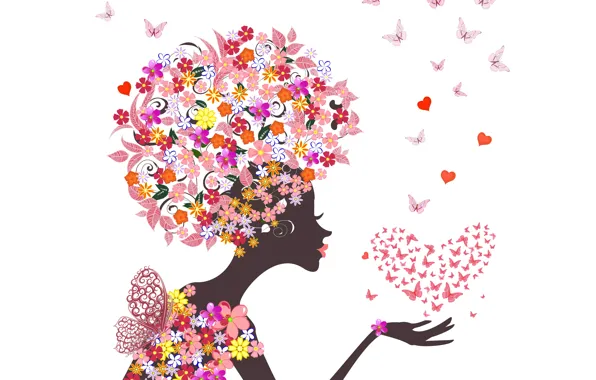 Картинка девушка, бабочки, цветы, абстракция, сердечки, girl, flowers, hearts