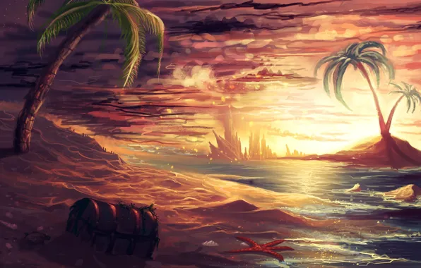 Картинка песок, море, пальмы, остров, арт, морская звезда, сундук