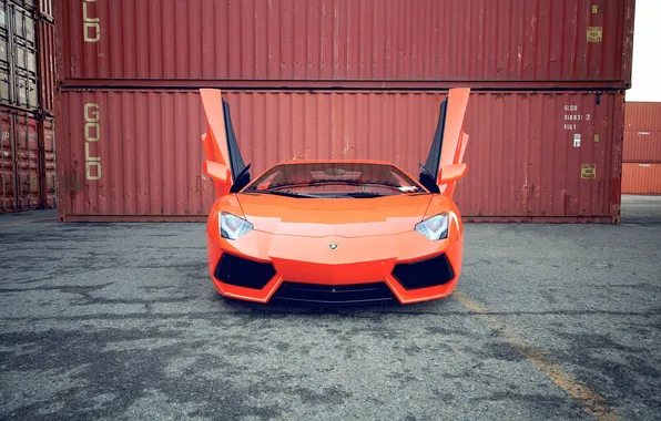 Картинка асфальт, оранжевый, отражение, полоса, lamborghini, orange, aventador, lp700-4