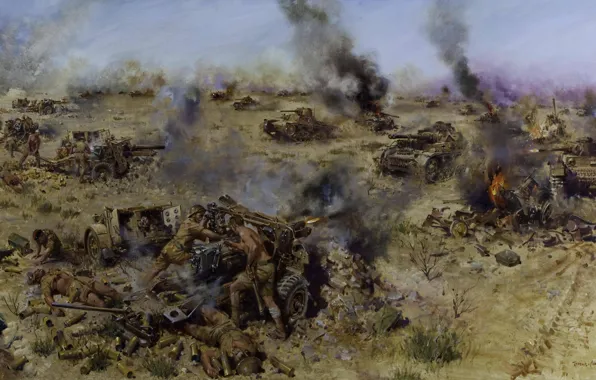 Картинка огонь, пламя, атака, дым, танки, выстрелы, артиллерия, WW2