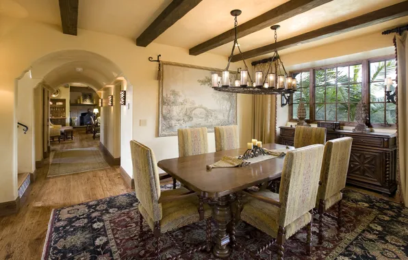 Dining room, living space, hacienda, Santa-Barbara, spanish interior