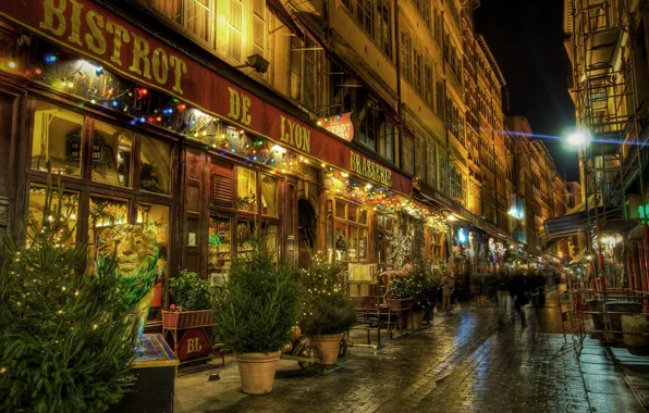 Ночь, люди, улица, France, Lyon