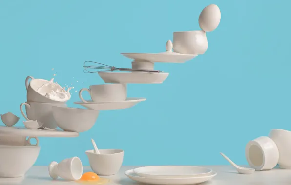 Яйца, чашки, скорлупа, блюдца, One touch omelette
