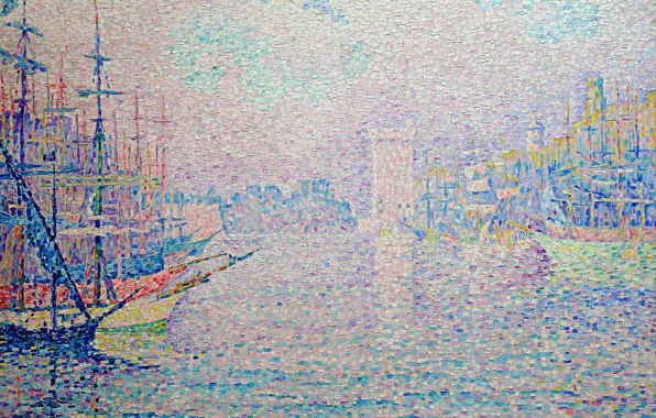 Город, корабль, башня, картина, Поль Синьяк, пуантилизм, Порт Марсель