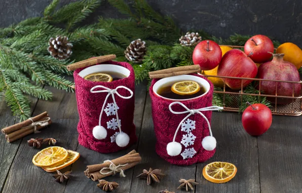 Картинка снег, украшения, яблоки, Новый Год, Рождество, Christmas, snow, cup