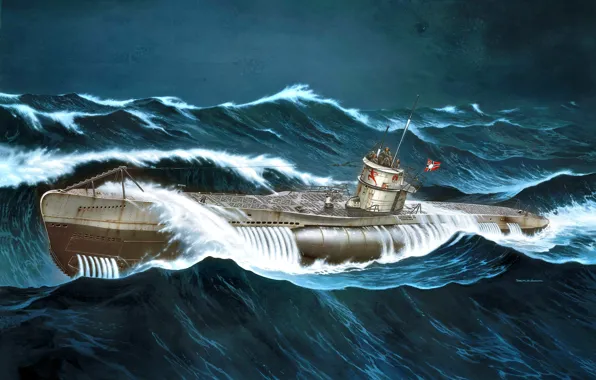 Картинка волны, Шторм, WWII, German submarine, U-552, U-boot type VIIC, Erich Topp