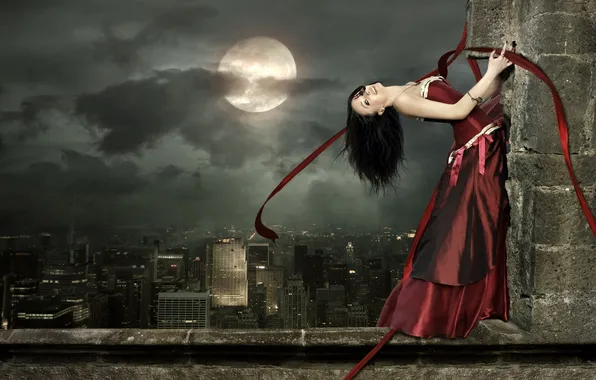 Девушка, ночь, город, стена, готика, луна, высота, красное платье