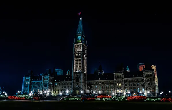Картинка ночь, огни, Канада, здание парламента, световое шоу, Оттава