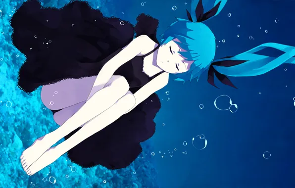 Картинка море, девушка, пузырьки, платье, vocaloid, hatsune miku, под водой, deep-sea girl
