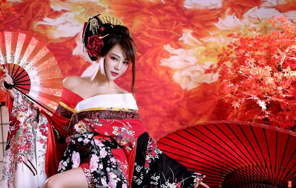 Картинка девушка, веер, гейша, кимоно, азиатка