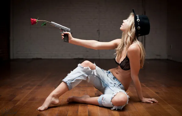 Girl, gun, rose, hat, beautiful, model, jeans, blonde