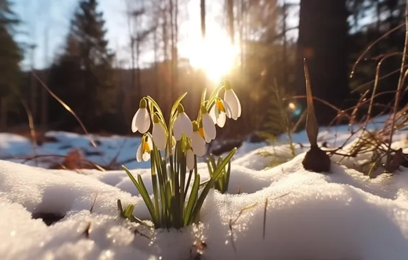 Свет, снег, цветы, природа, поляна, весна, подснежники, белые