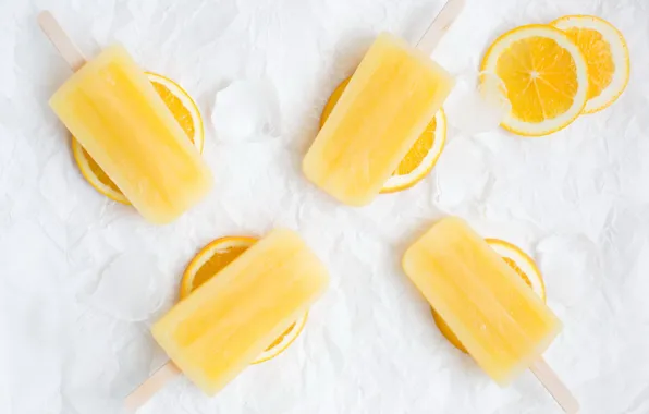 Лед, фруктовое мороженое, дольки апельсина
