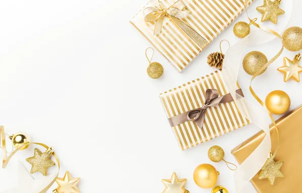 Украшения, шары, Новый Год, Рождество, подарки, golden, Christmas, balls