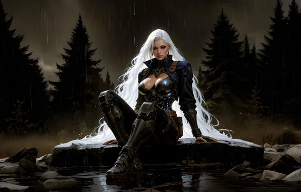 Girl, forest, armor, night, blonde, ai art