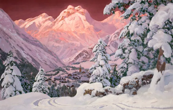 Картинка снег, закат, горы, розовый, елка, Альпы, домики, Alois Arnegger. Зима