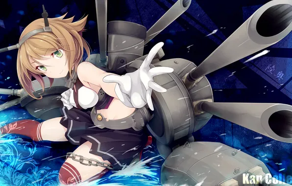 Взгляд, девушка, улыбка, оружие, жест, art, kantai collection, ogami kazuki