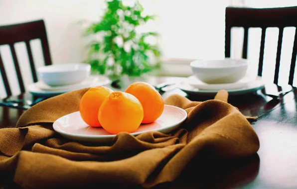 Картинка оранжевый, стол, стулья, еда, апельсины, тарелка, кухня, кружка, чашка, посуда, ткань, фрукты, коричневый, brown, блюдце, …