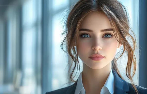 Взгляд, девушка, свет, лицо, портрет, окно, офис, блузка
