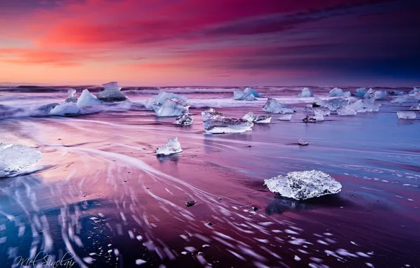 Волны, пляж, лёд, выдержка, Исландия, ледниковая лагуна Йёкюльсаурлоун