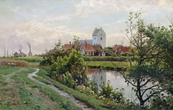 Картинка Дома, Деревья, Картина, Речка, Peder Mork Monsted, Датский живописец, Педер Морк Монстед, Солнечный день. Соби