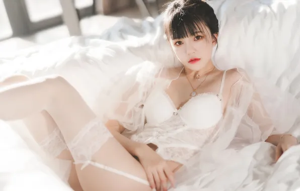 Lingerie, Beautiful, Asian, Model, Woman, Sofa, Cute, Lying Down