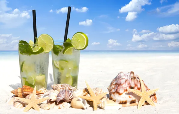 Картинка море, пляж, ракушки, beach, drink, mojito, cocktail, lime
