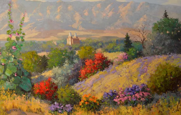 Картинка пейзаж, цветы, горы, замок, холмы