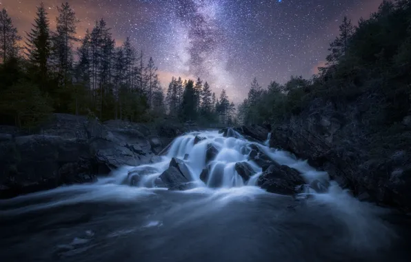 Картинка небо, звезды, ночь, природа, река, млечный путь