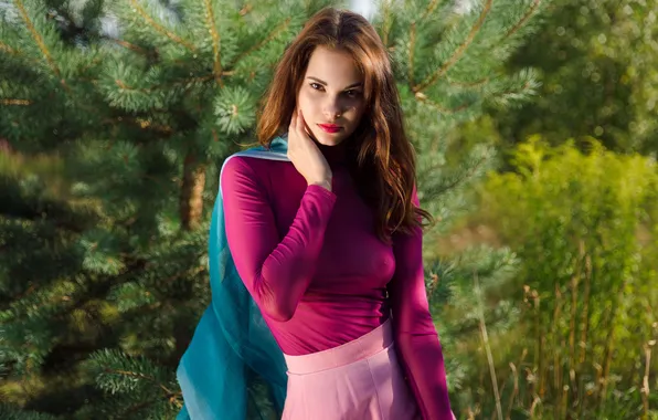 Картинка women, red lipstick, nipples through clothing, pink skirt, see-through blouse, Diana Jam, Women Outdoors