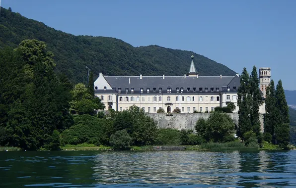 Горы, озеро, Франция, монастырь, Abbaye de Hautecombe, vue depuis le Lac du Bourge