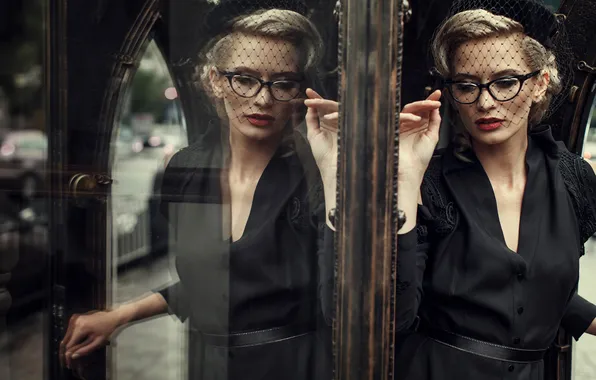 Картинка отражение, вуаль, blond, black dress, Elegant, retro woman