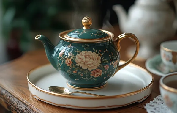 Цветы, зеленый, стол, чай, чайник, тарелка, ложка, чаепитие