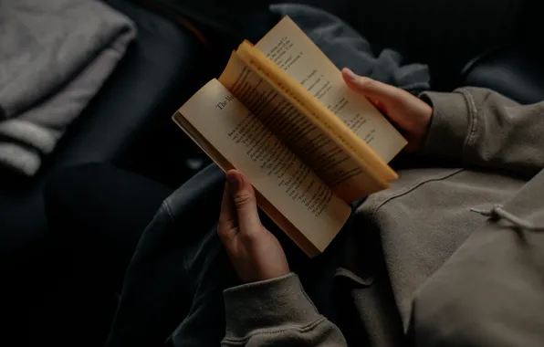 Текст, буквы, руки, книга, страницы, читает