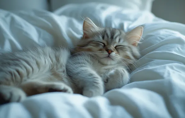 Кошка, взгляд, поза, котенок, сон, спит, постель, лежит