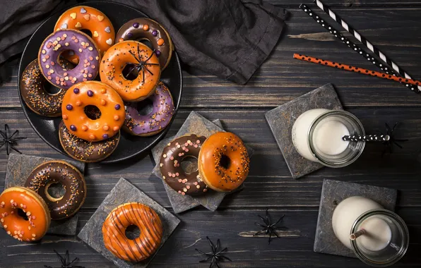Молоко, пончики, выпечка, сладкое, sweet, donuts